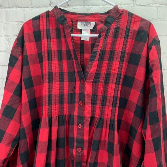 Buffalo Check Tunic Top Peasant Top Red Black Plus size 1X Pleated Pullover - Picture 2 of 4